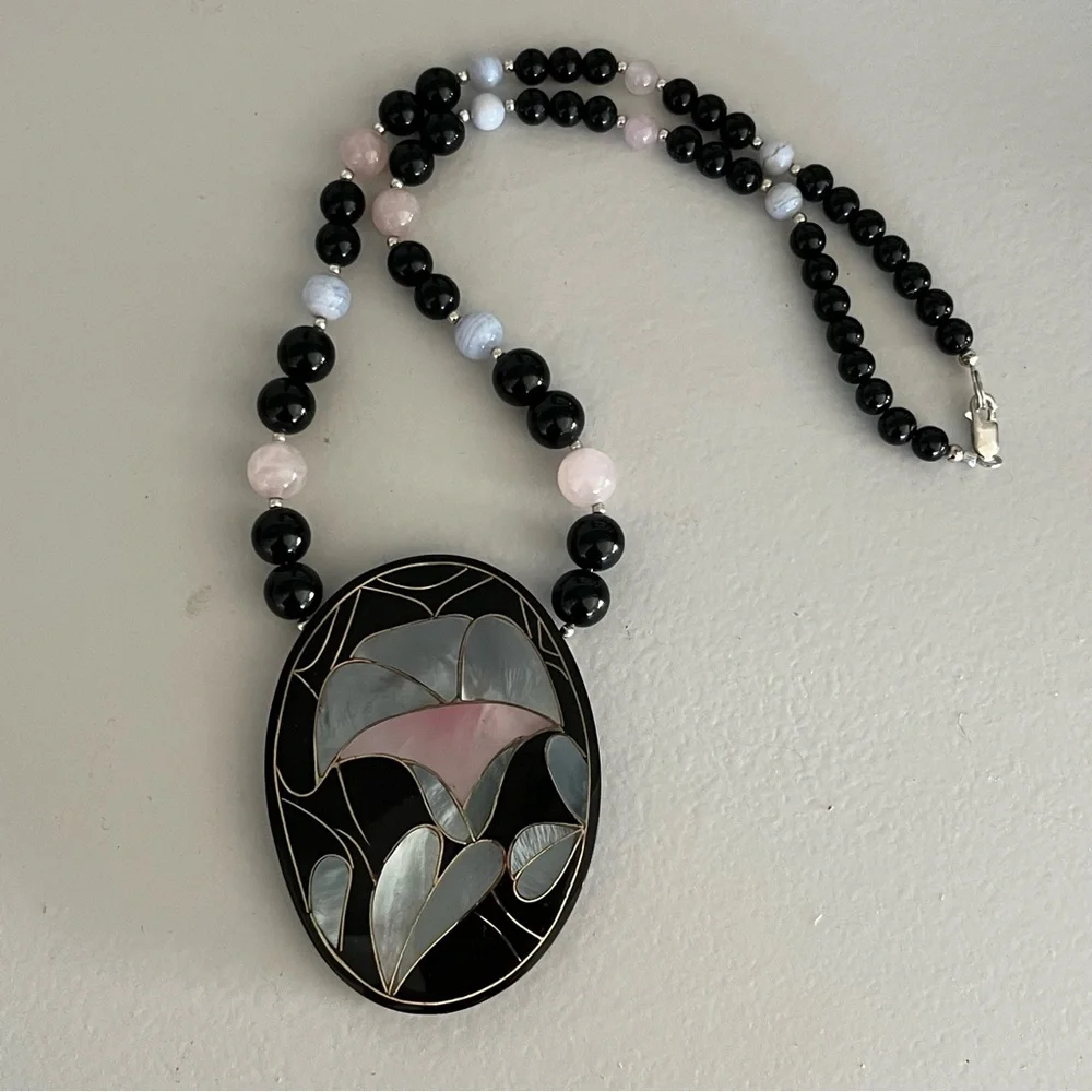 VTG Sterling 925 MOP Inlay Pink Jade BLK Onyx Agate Bead Designer Necklace - Picture 1 of 12